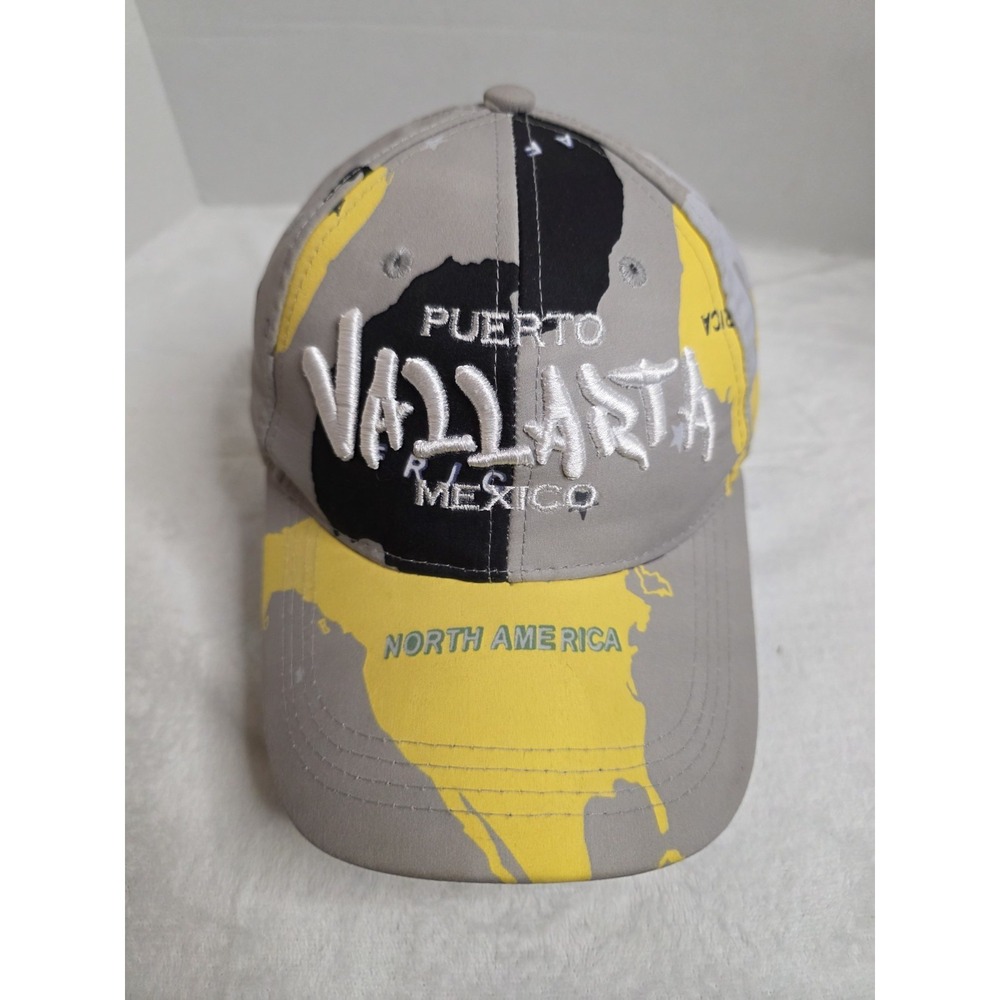 Puerto Vallarta Mexico Souvenir Baseball Hat Gray Yellow Map Print Adjustable